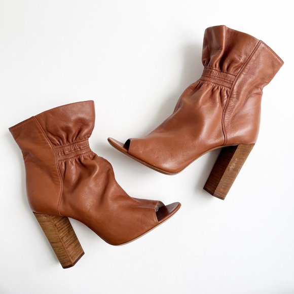 Chloe | Cognac Leather Peep Toe Cinched Ankle Boots | 38.5/8.5 - Picture 5 of 14